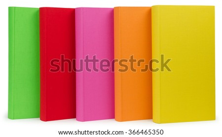 The pile of colored photo albums on wite background. Colored books. Colorful photo albums in a row. Green red rose orange yellow note book 