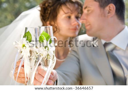 Picture of bride and groom holding wine glasses