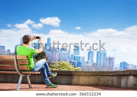 Man take selfie and Seattle downtown view