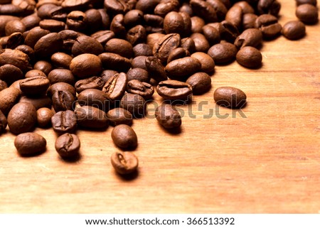 Coffee beans on wood background. Coffee on grunge wooden background