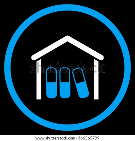 Medication Garage vector icon. Style is bicolor flat circled symbol, blue and white colors, rounded angles, black background.
