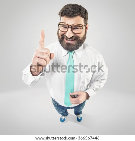 Excited nerdy guy raising his finger