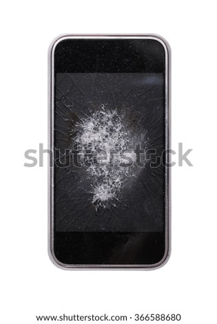 Mobile smartphone with broken screen isolated on white background
