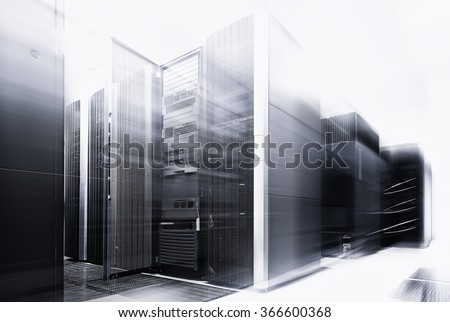 ranks modern supercomputers in computational data center with motion black and white Royalty-Free Stock Photo #366600368