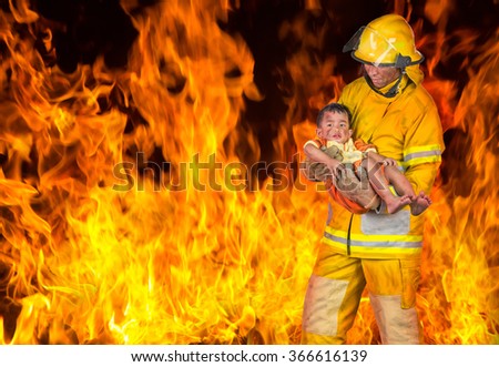 firefighter, fireman rescued the child from the fire (include path)