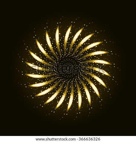 Firework ornament illustration, dark background with firework show. Festive, bright firework for collage and design brochures, poster, wrapping paper, greeting card. Vector illustration.
