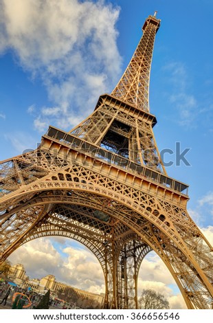 Low angle shot of iconic Eiffel Tower, Paris, France