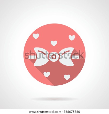 White silhouette bow tie with hearts around. Festive accessory. Round pink vector icon with long shadow. Valentines Day series. Design element for website, mobile app.
