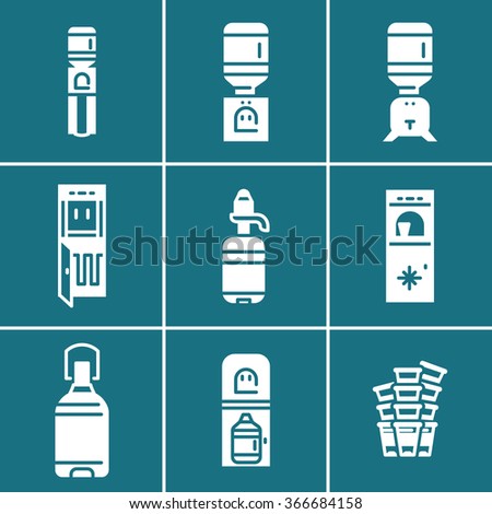 Water coolers simple white icons set separated of white lines on blue background. Water cooler equipment, supplies, cooler accessories symbols as stencil for business and web design.