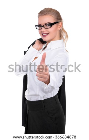 Confident Businesswoman thumb up On A White Background - Stock Image
