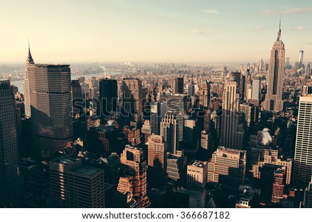 New York City skyscrapers rooftop urban view.