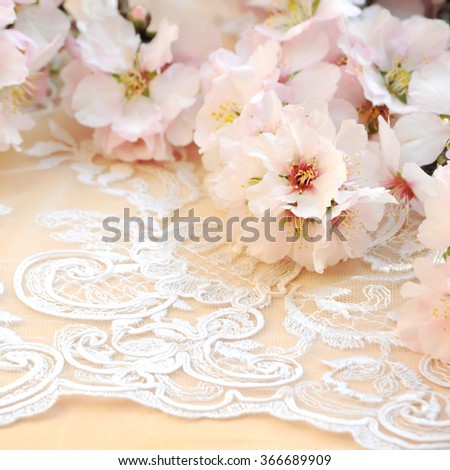 Wedding background closeup with pink almond flowers