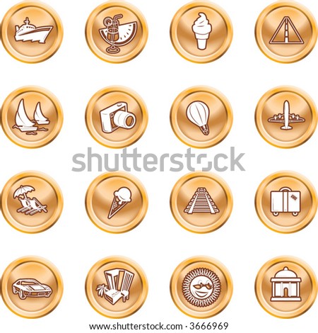 Travel and tourism Icons. A series of icons relating to vacations, travel and tourism. No meshes used. Raster version