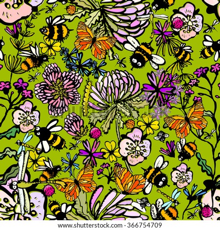insects and flowers handmade. seamless background. Vector