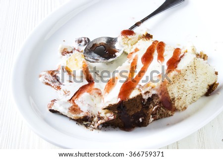 A Piece of Ice Cream Cake with fruit, chocolate and strawberry topping on a white plate