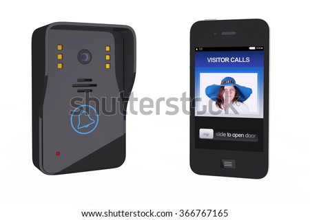 Modern Video Intercom with Mobile Phone Controller on a white background