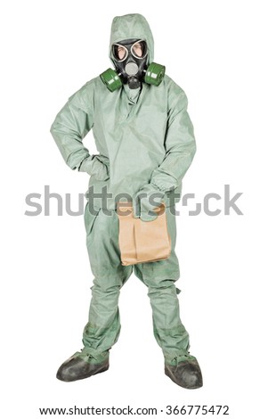 Man with protective mask and protective clothes holding paper bag in his hand. portrait isolated over white studio background.