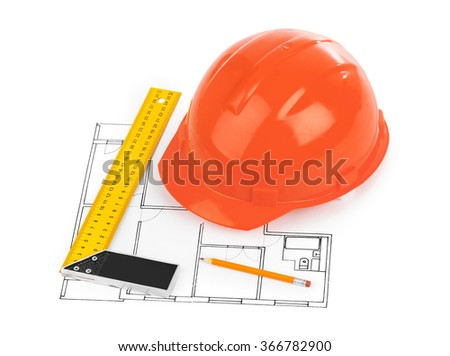 House plan and helmet isolated on white background