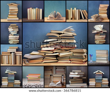 Collage from pictures with books on a blue background. Background from books. Books close up. Books on the shelf.