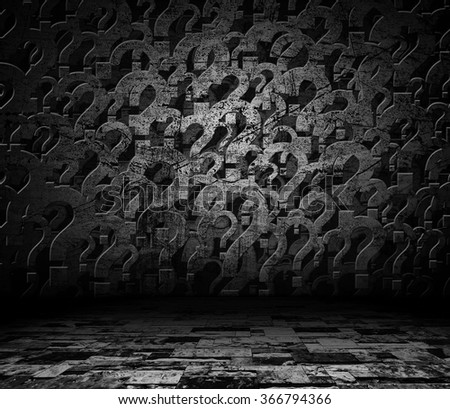 Question mark wall in dark room