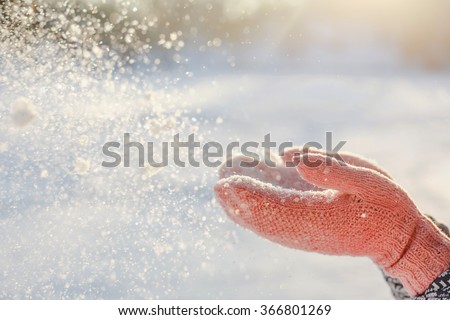 Flying Snowflakes. Blowing Snow in frosty winter Park on Sunny day. Joyful