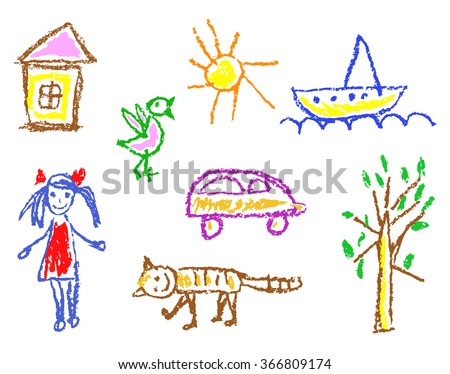 Wax crayon kid`s drawn girl, house, bird, cat, sun, car, tree, ship isolated on white. Child`s drawn colorful pastel chalk vector design elements. Set of kid`s painting objects. Royalty-Free Stock Photo #366809174
