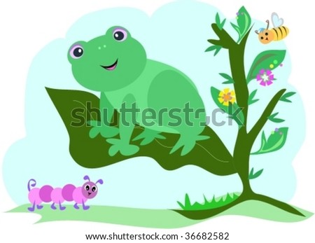 Frog on a Leaf with Caterpillar and Bee Vector