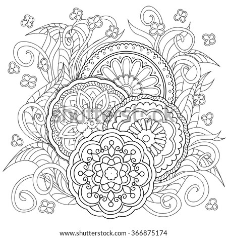 Hand drawn decorated image with flowers and mandalas. Image for adults coloring page. Vector illustration - eps 10.