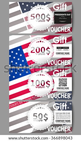 Set of modern gift voucher templates. Presidents day background with American flag, abstract vector illustration.