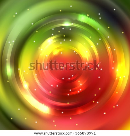 Abstract background with luminous swirling backdrop. Vector infinite round tunnel of shining flares.  Red, green, yellow colors. 