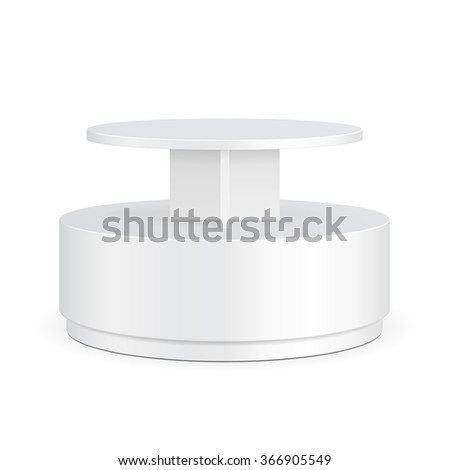 White Round POS POI Cardboard Floor Display Rack For Supermarket Blank Empty Displays With Shelves Products On White Background Isolated. Ready For Your Design. Product Packing. Vector EPS10