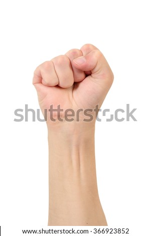 Hand compressed in a fist on a white background, gesture