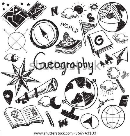 Geography and geology education subject handwriting doodle icon of earth exploration and map design sign and symbol in isolated background paper used for presentation title with header text (vector) Royalty-Free Stock Photo #366943103