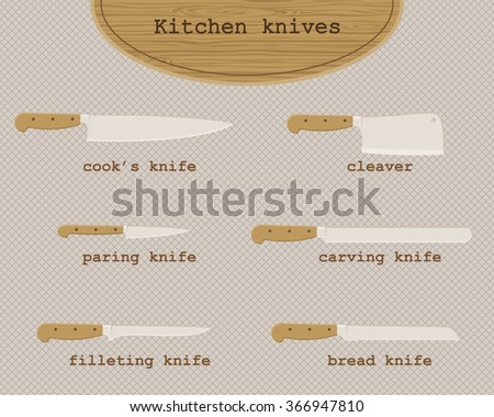 Vector illustration of six kitchen knives with their names.