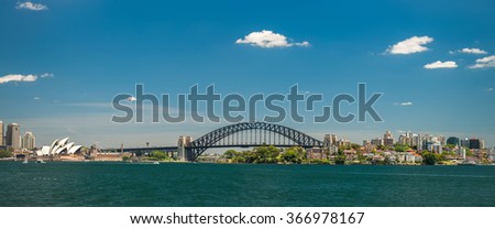 Sydney Harbour Panorama. View towards the Opera House and the Harbour Bridge 