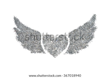 Abstract heart with wings of silver glitter sparkle on white background