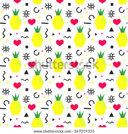 Seamless pattern with abstract shapes with eyes and pineapple in retro memphis style. Funny abstract pattern for textiles and fabrics, wrapping paper and wallpapers of all kinds. Vector illustration.