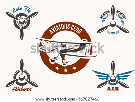 Retro aviation and pilot club badge and label set. Free font used. Isolated on white.