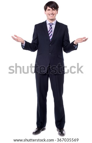 Businessman posing with open palms