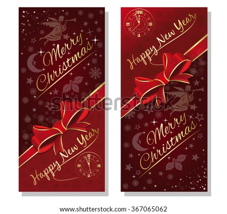 Merry Christmas and Happy New Year 2016. Background with clock, angel and Christmas decorative elements. Vector gift card.