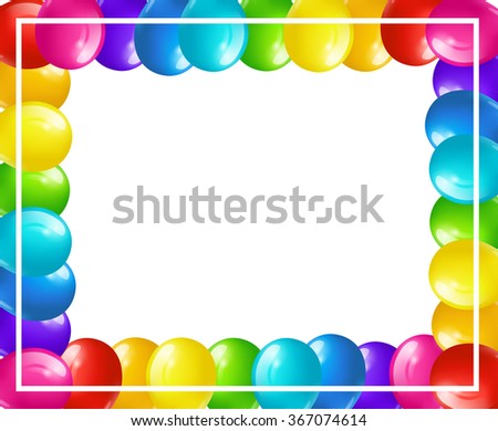 Colorful festive background with frame of bright colored balloons isolated on white