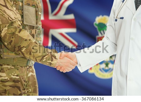 Soldier in uniform and doctor shaking hands with national flag on background - Cayman Islands