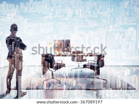 Double exposure photo of businessman in contemporary office. Horizontal