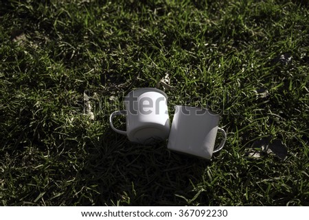 Two white and metal tea cups on the green lawn. Blurred background.