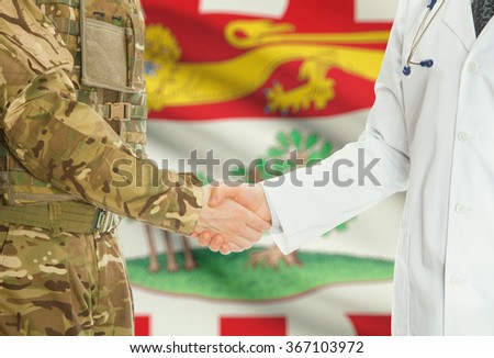 Soldier in uniform and doctor shaking hands with Canadian provincies and territories flags on background - Prince Edward Island