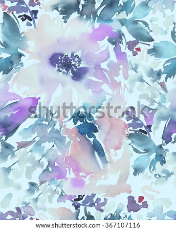 Seamless pattern with flowers watercolor. Gentle colors. Female pattern. Handmade. Abstract. Blue background.