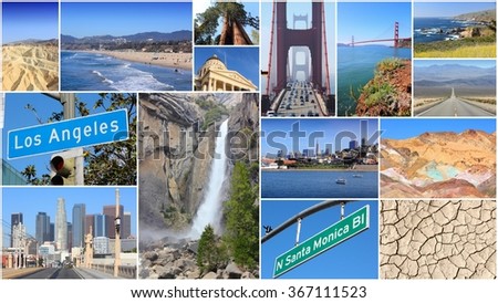 California landmark photos collage with Los Angeles, San Francisco, Sacramento, Death Valley, Yosemite and Pacific Coast.
