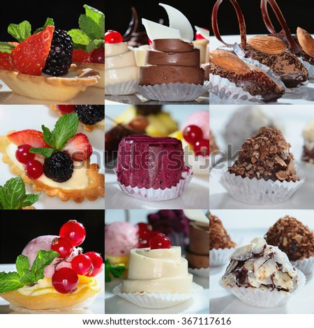 close-up collage of nine pictures of exquisite desserts made with chocolate, nuts and berries