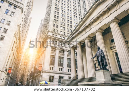 Facade of the Federal Hall with Washington Statue on the front, wall street, Manhattan, New York City Royalty-Free Stock Photo #367137782