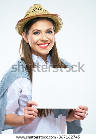Smiling woman hold white sign board. American country style dressed.